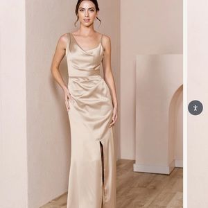 Satin Champagne Bridesmaid dress Revelry brand.